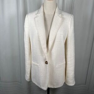 Ann‎ Taylor Petite Ivory Tweed Blazer Jacket 12P One Button Classic